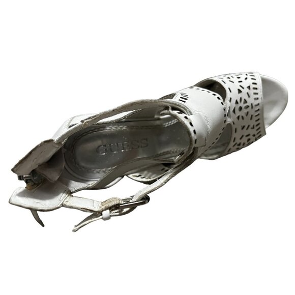 Guess Agenta White Leather Wooden Wedge Heels Sz 6.5 Womens Open Toe Ankle - Picture 16 of 16